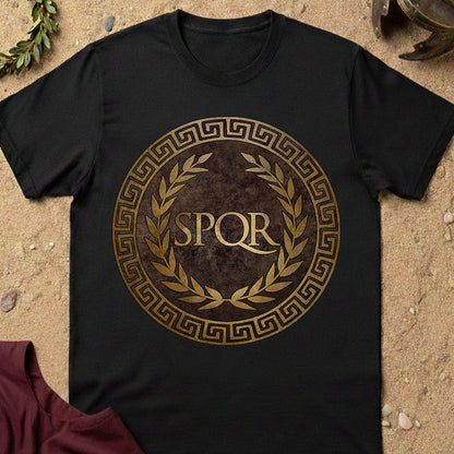 Black t-shirt with 'SPQR' design on a textured surface
