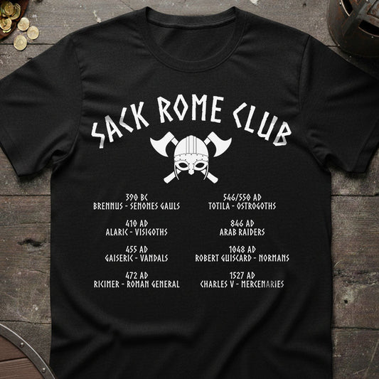 Black t-shirt with 'Sack Rome Club' design featuring a skull and crossed swords on a wooden surface.