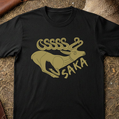 Saka Tribe Black t-shirt with gold graphic design on a textured surface