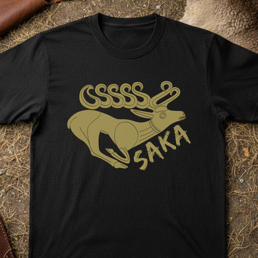 Saka Tribe Black t-shirt with gold graphic design on a textured surface