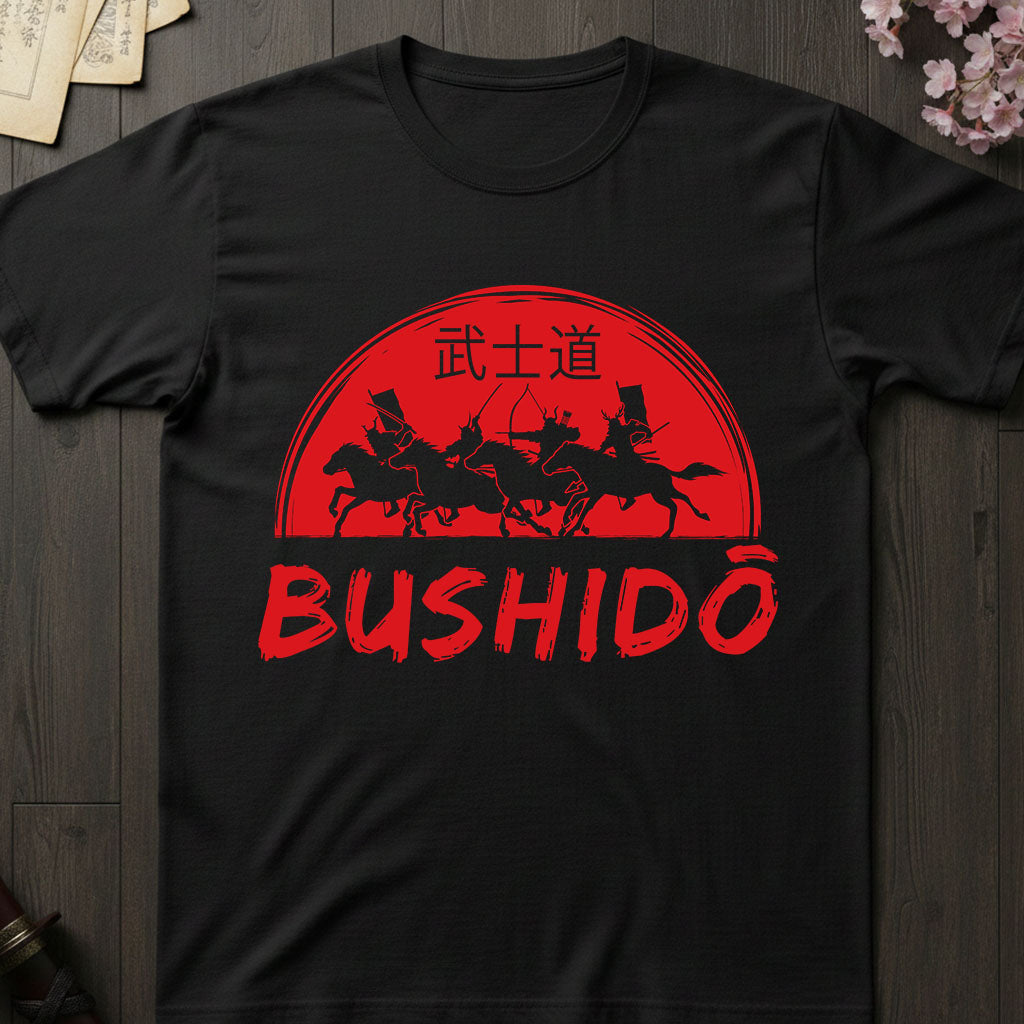 Black t-shirt with red 'BUSHIDO' samurai graphic on a wooden surface