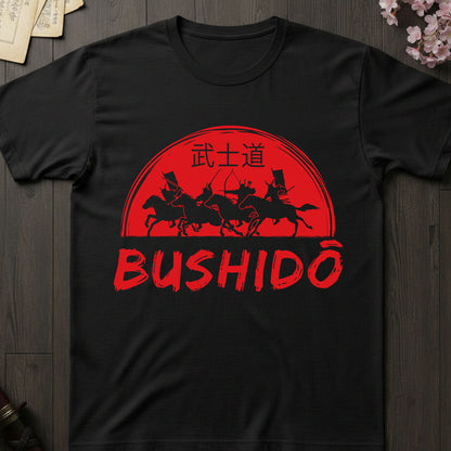 Black t-shirt with red 'BUSHIDO' samurai graphic on a wooden surface