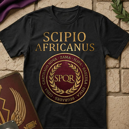 Black t-shirt with 'Scipio Africanus' design on a stone surface