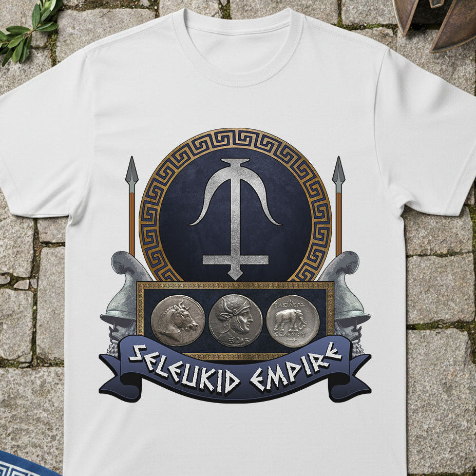 White t-shirt with Seleucid Empire design on a stone wall background