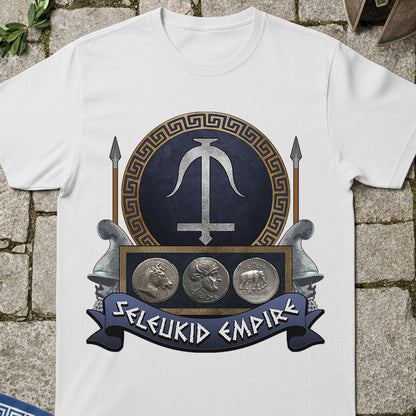White t-shirt with Seleucid Empire design on a stone wall background