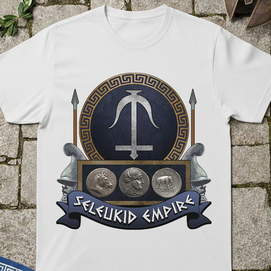 White t-shirt with Seleucid Empire design on a stone wall background