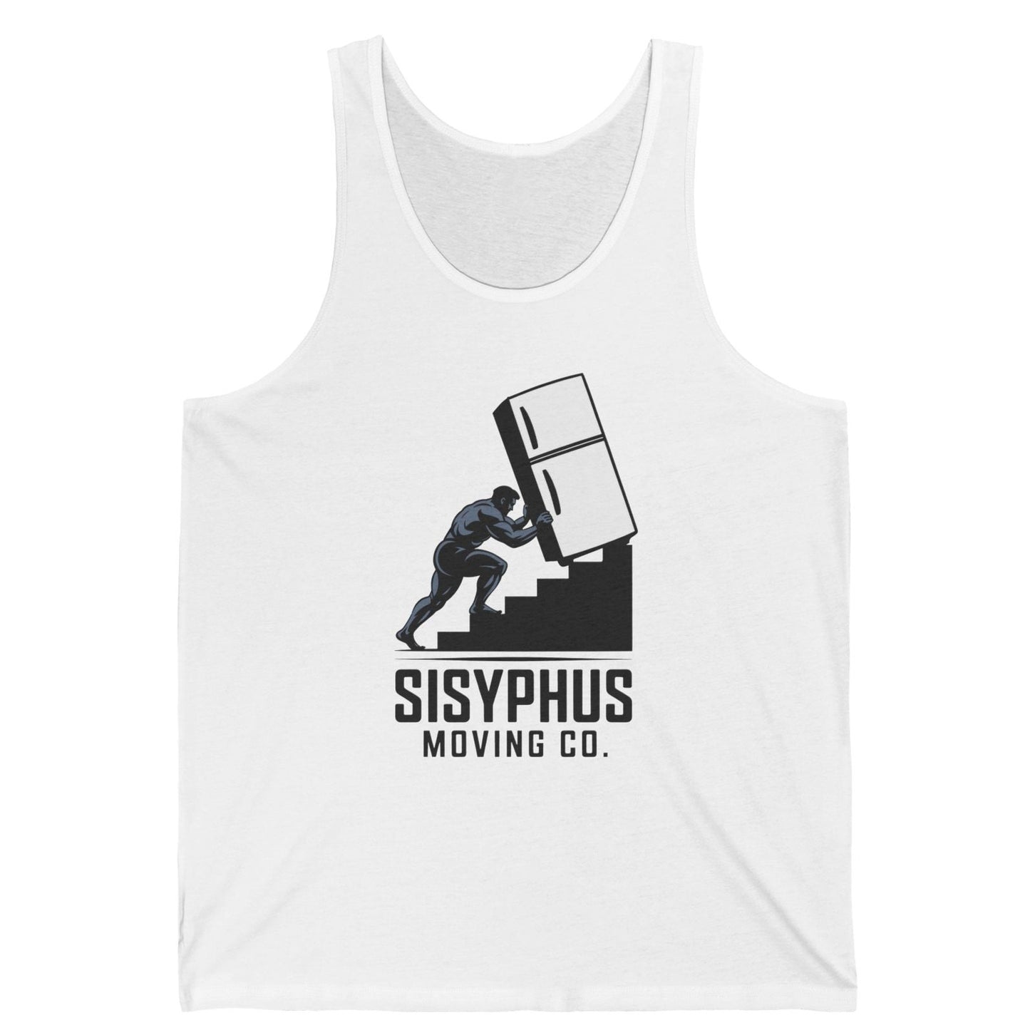 White tank top with Sisyphus Moving Co. graphic on a white background