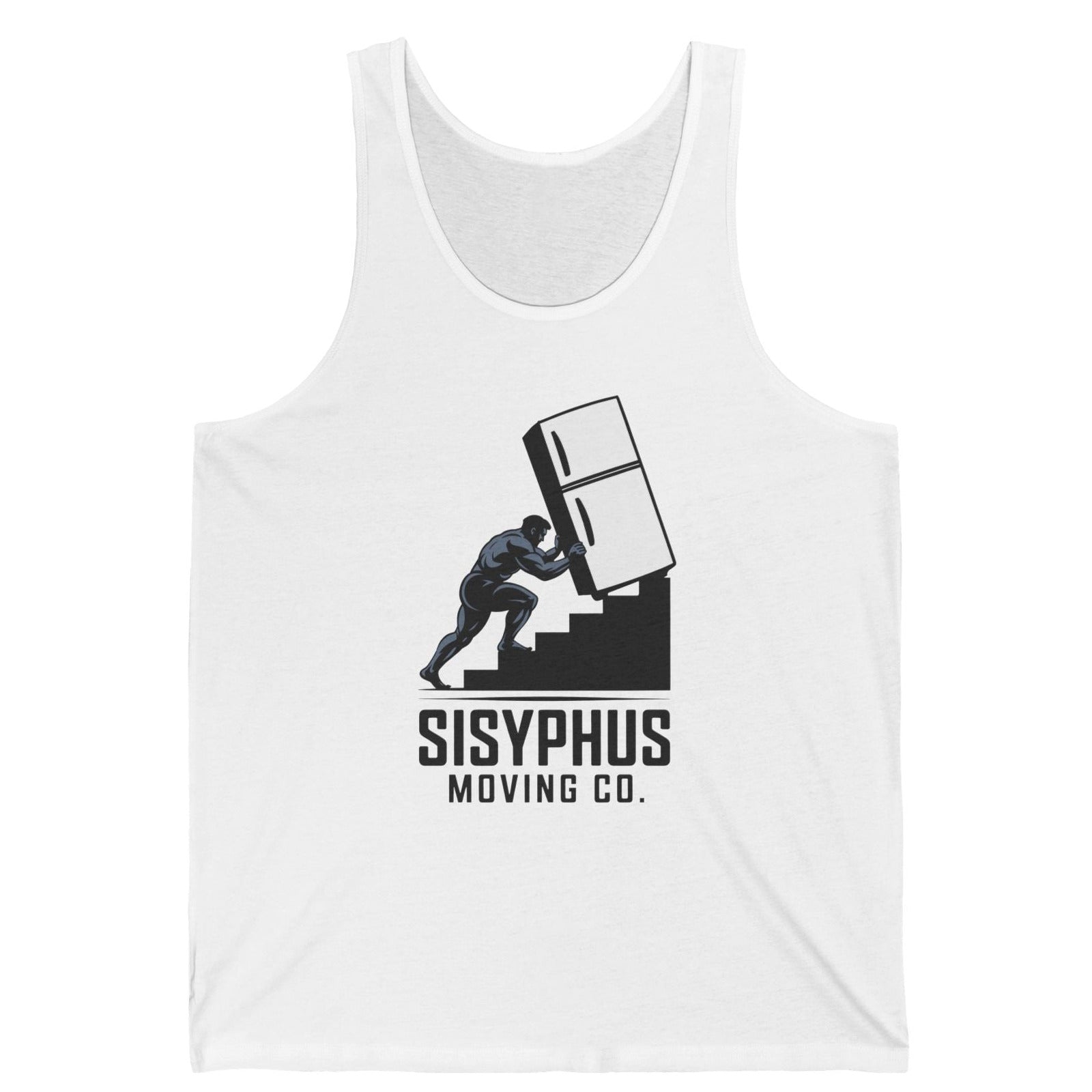 White tank top with Sisyphus Moving Co. graphic on a white background