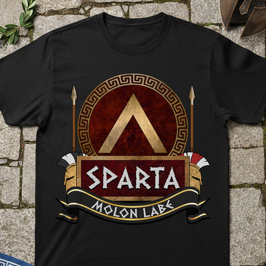 Black t-shirt with Spartan logo and 'Sparta Molon Labe' text on a stone surface.