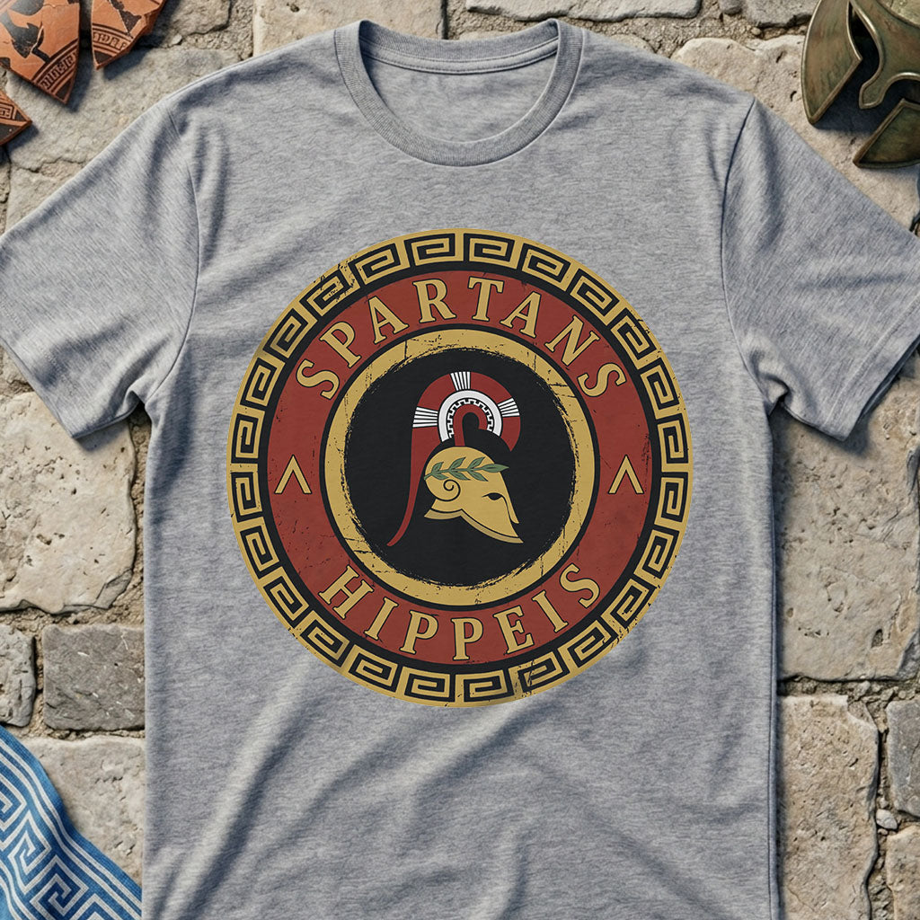 Gray t-shirt with Spartan logo design on a stone wall background