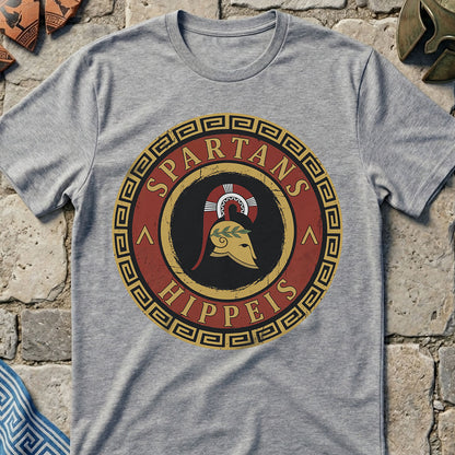 Gray t-shirt with Spartan logo design on a stone wall background