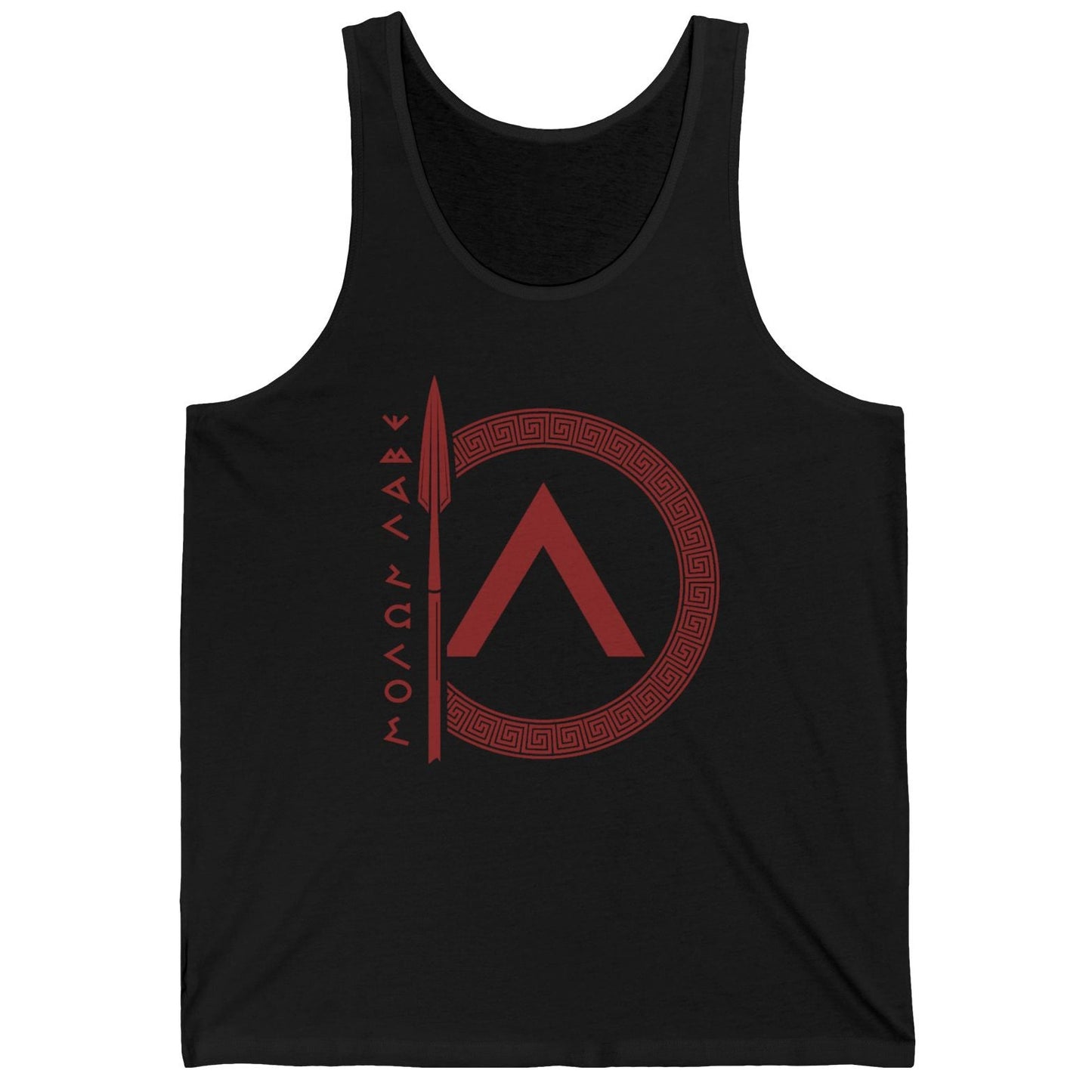 Black Molon Labe Spartan tank top with red graphic design on a white background