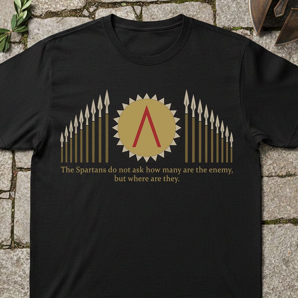 A black short-sleeve t-shirt laid flat on a stone surface, featuring a gold Spartan-themed graphic with a central red delta symbol, spear tips, and a quote printed below.