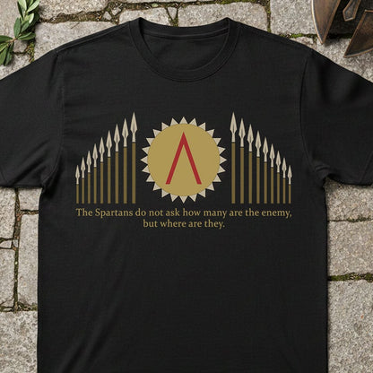 A black short-sleeve t-shirt laid flat on a stone surface, featuring a gold Spartan-themed graphic with a central red delta symbol, spear tips, and a quote printed below.