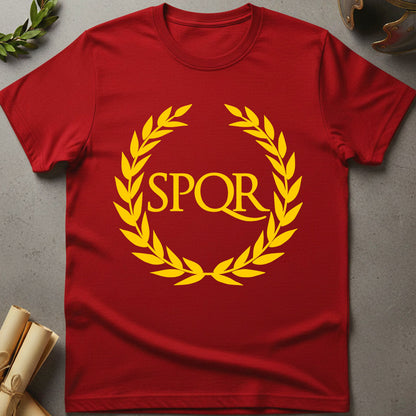 Red t-shirt with yellow 'SPQR' design on a gray surface