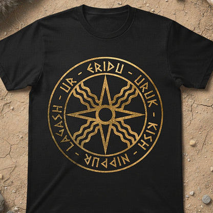 Sumerian Cities Black t-shirt with gold circular design and text on a textured beige background