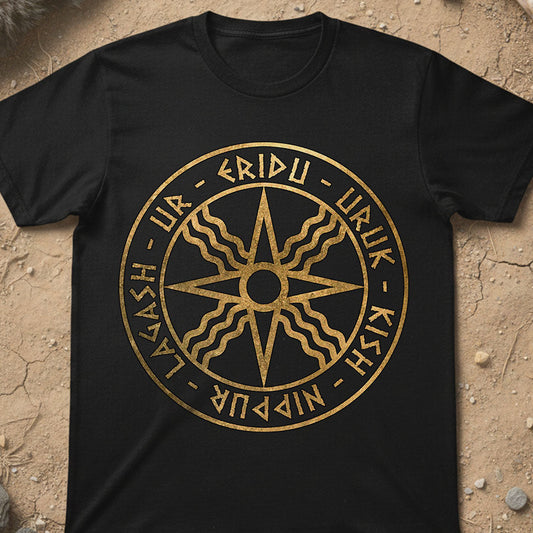 Sumerian Cities Black t-shirt with gold circular design and text on a textured beige background