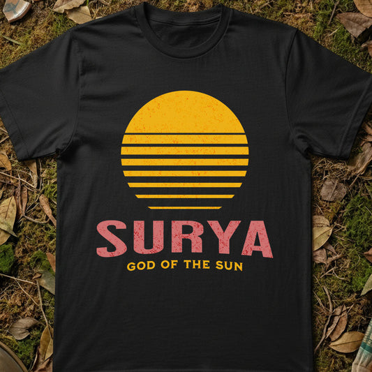 Surya Hindu God Black t-shirt with yellow and pink design on grass