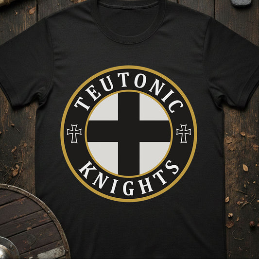Black t-shirt with Teutonic Knights logo on a wooden background