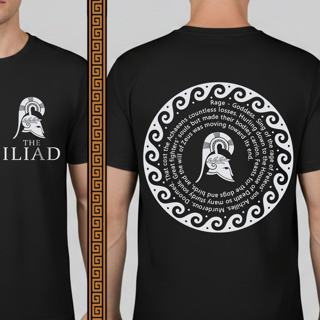 Black t-shirt with 'The Iliad' design on front and back, featuring a helmet and text.
