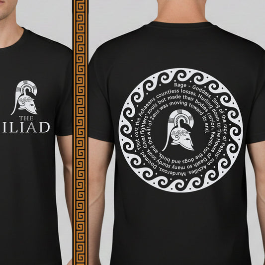 Black t-shirt with 'The Iliad' design on front and back, featuring a helmet and text.