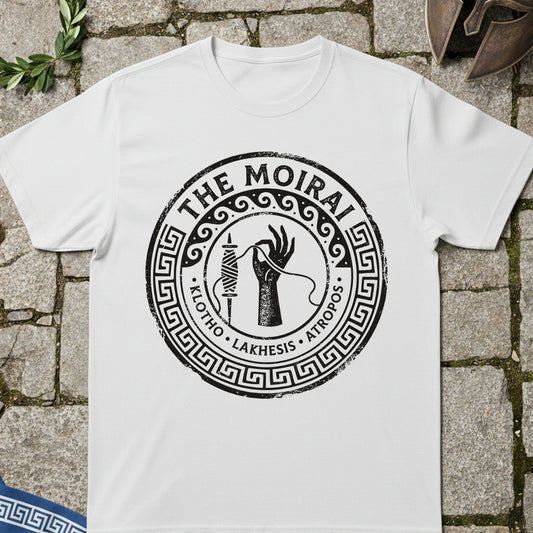 White t-shirt with 'The Moirai' design on a stone surface