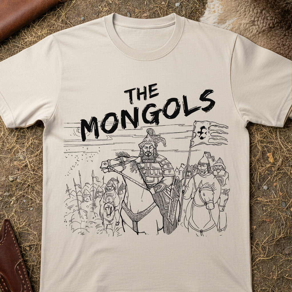 T-shirt with 'The Mongols' design featuring illustrations of armored figures on horseback.
