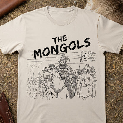 T-shirt with 'The Mongols' design featuring illustrations of armored figures on horseback.