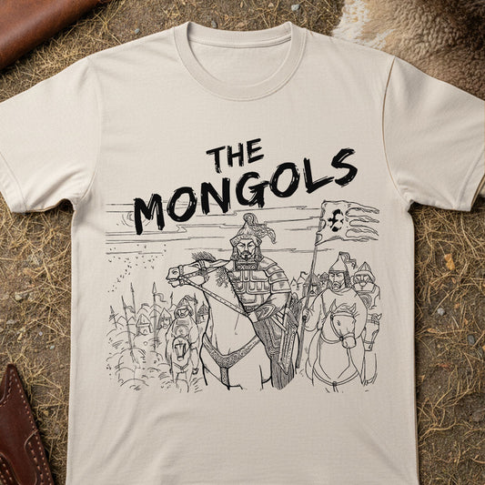 T-shirt with 'The Mongols' design featuring illustrations of armored figures on horseback.
