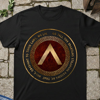 battle of thermopylae Black t-shirt with gold and red design on a stone surface