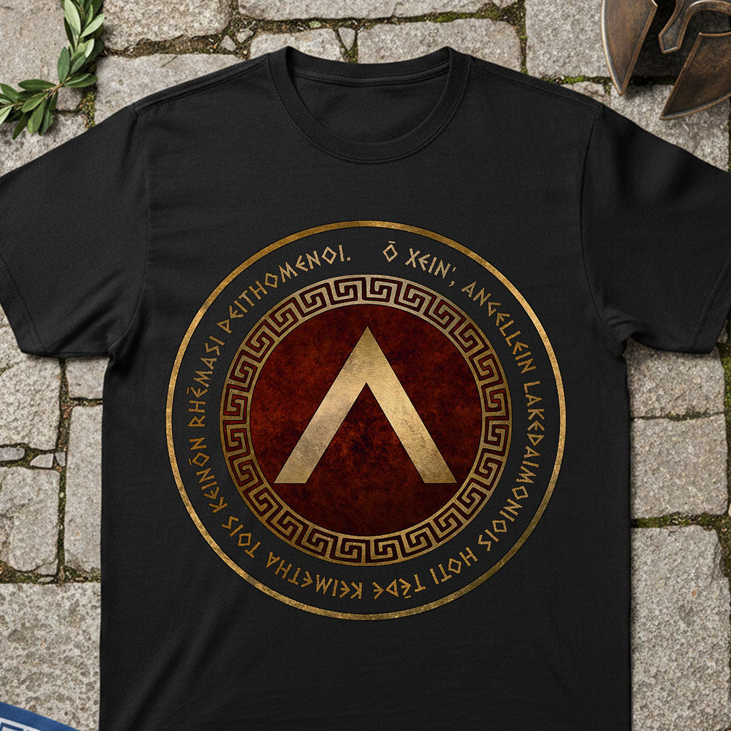 battle of thermopylae sparta Black t-shirt with gold and red design on a stone surface