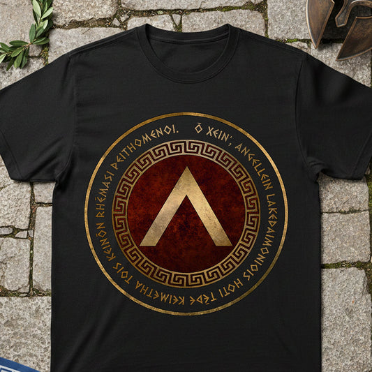 battle of thermopylae sparta Black t-shirt with gold and red design on a stone surface