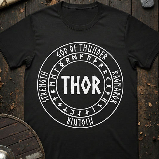 Black t-shirt with Thor design on a wooden background