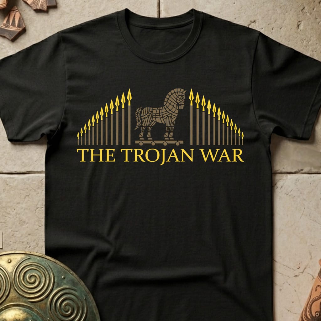 A black short-sleeve crewneck t-shirt featuring a gold graphic of the Trojan Horse flanked by arrows and the text 'THE TROJAN WAR' in gold. The shirt is displayed flat on a textured stone surface with decorative bronze shields in the corners.