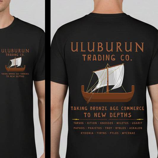 Black t-shirt with 'Uluburun Trading Co.' design on front and back