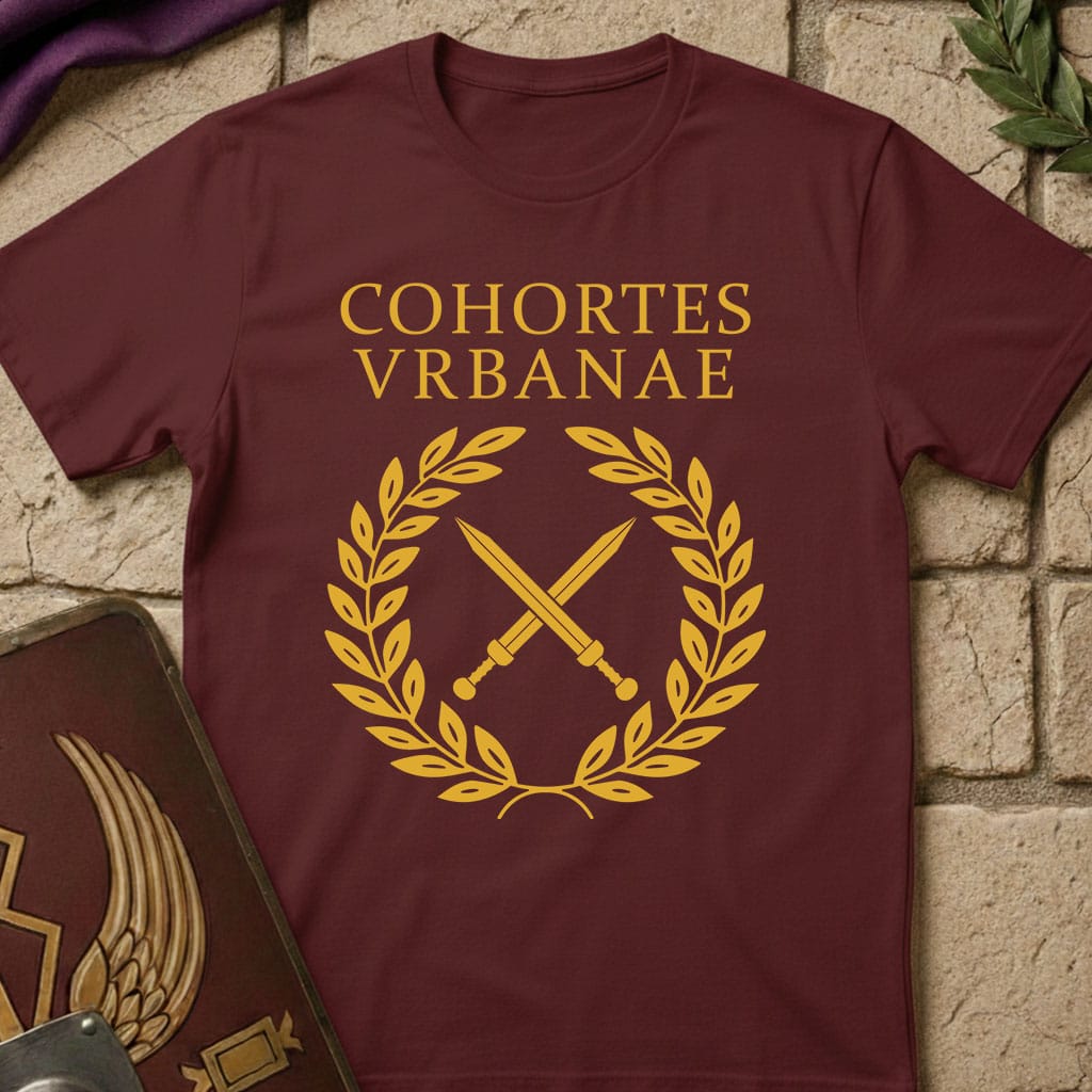 A maroon short-sleeve t-shirt with a gold graphic print reading 'COHORTES VRBANAE' above a laurel wreath and crossed swords, displayed flat against a light stone background with decorative props.