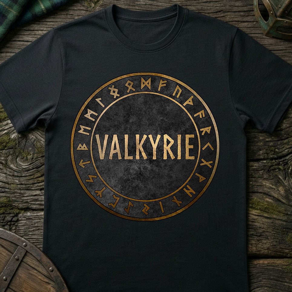 Black t-shirt with 'Valkyrie' design featuring runes on a wooden surface.