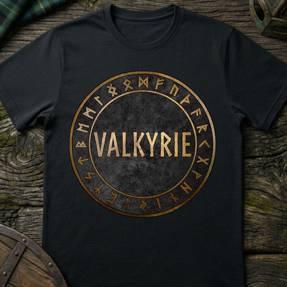 Black t-shirt with 'Valkyrie' design featuring runes on a wooden surface.
