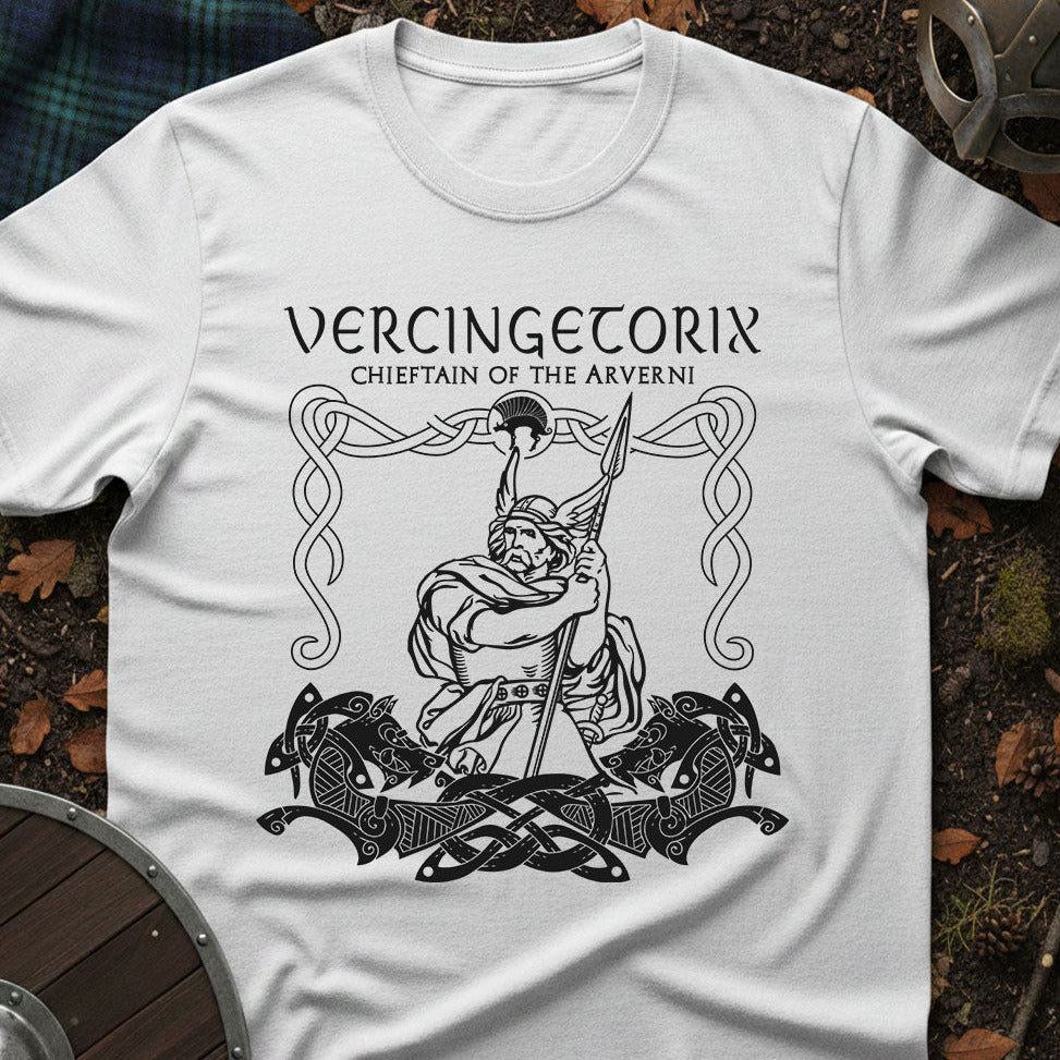 White t-shirt with black graphic design of Vercingetorix on a natural background