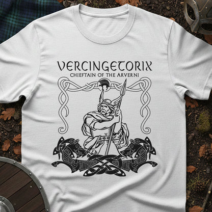 White t-shirt with black graphic design of Vercingetorix on a natural background