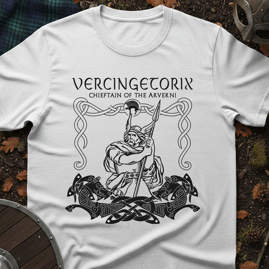 White t-shirt with black graphic design of Vercingetorix on a natural background