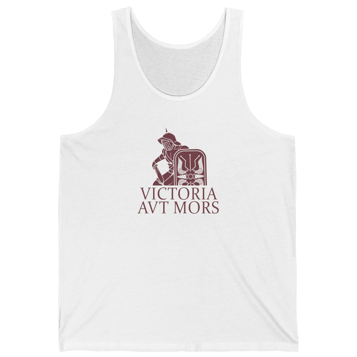 A white sleeveless tank top with a maroon graphic on the chest depicting a classical figure and the text 'VICTORIA AVT MORS', shown against a plain white background.