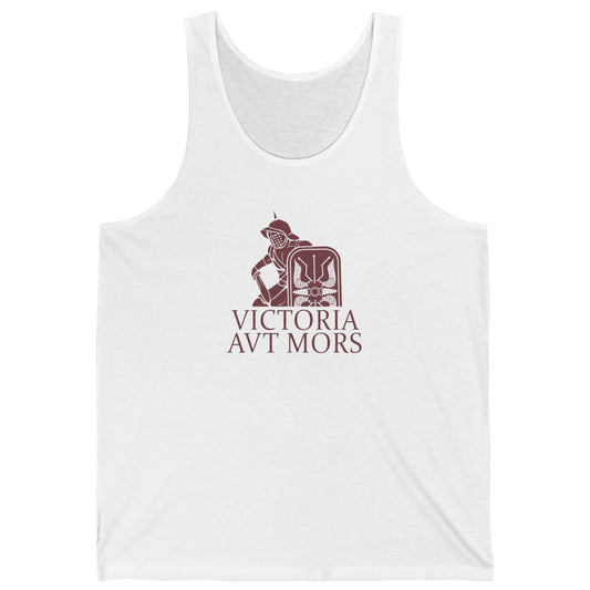 A white sleeveless tank top with a maroon graphic on the chest depicting a classical figure and the text 'VICTORIA AVT MORS', shown against a plain white background.