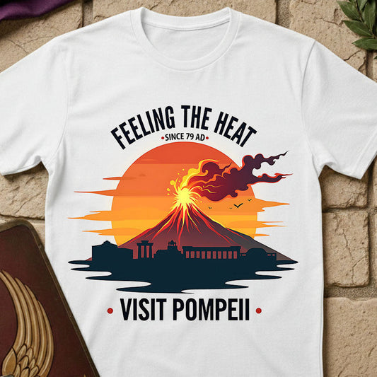 White t-shirt with Pompeii-themed graphic design on a stone surface