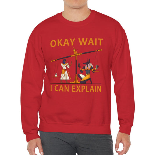 Person wearing a red sweatshirt with a graphic design and text on a white background