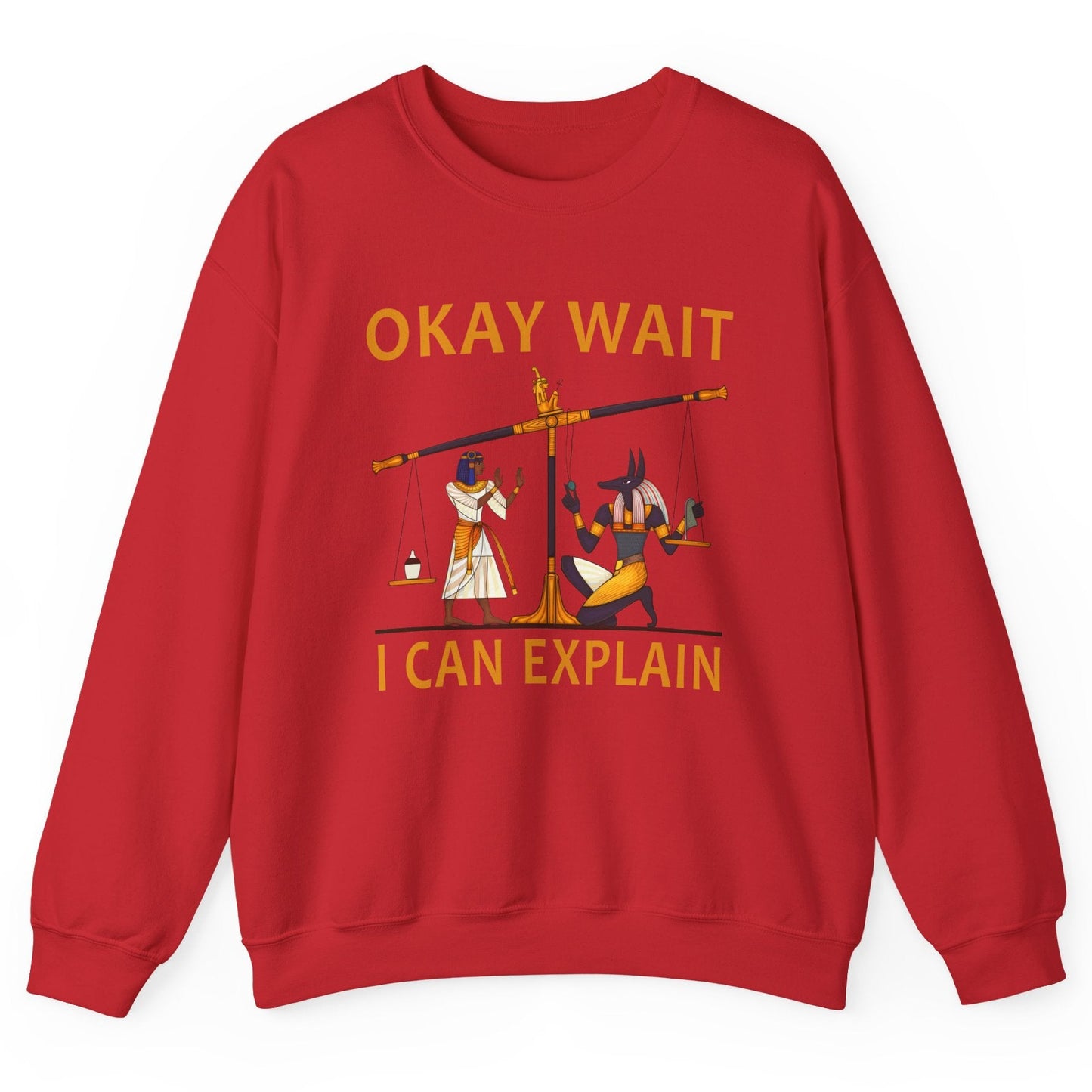 Red sweatshirt with graphic design and text 'Okay Wait I Can Explain' on a white background