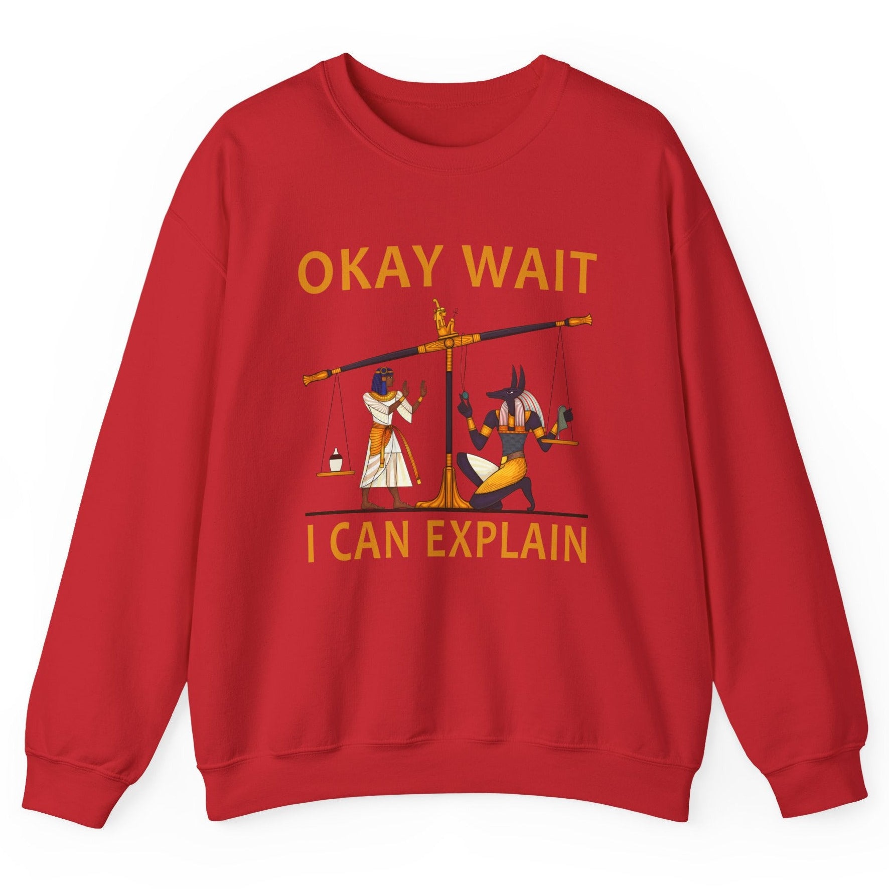 Red sweatshirt with graphic design and text 'Okay Wait I Can Explain' on a white background