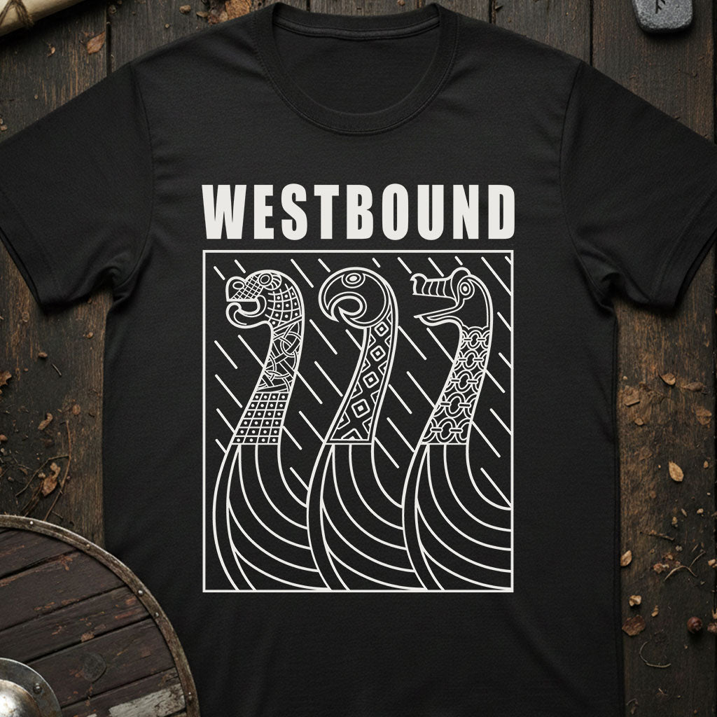 Black t-shirt with 'WESTBOUND' design on a wooden background