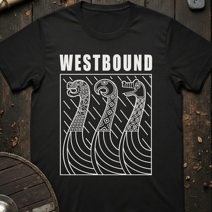 Black t-shirt with 'WESTBOUND' design on a wooden background