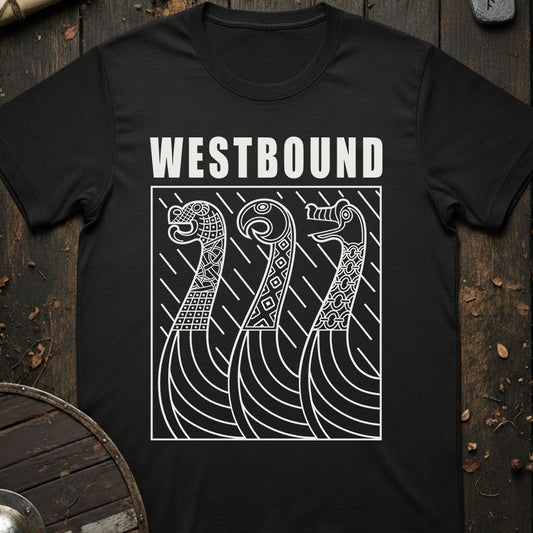 Black t-shirt with 'WESTBOUND' design on a wooden background